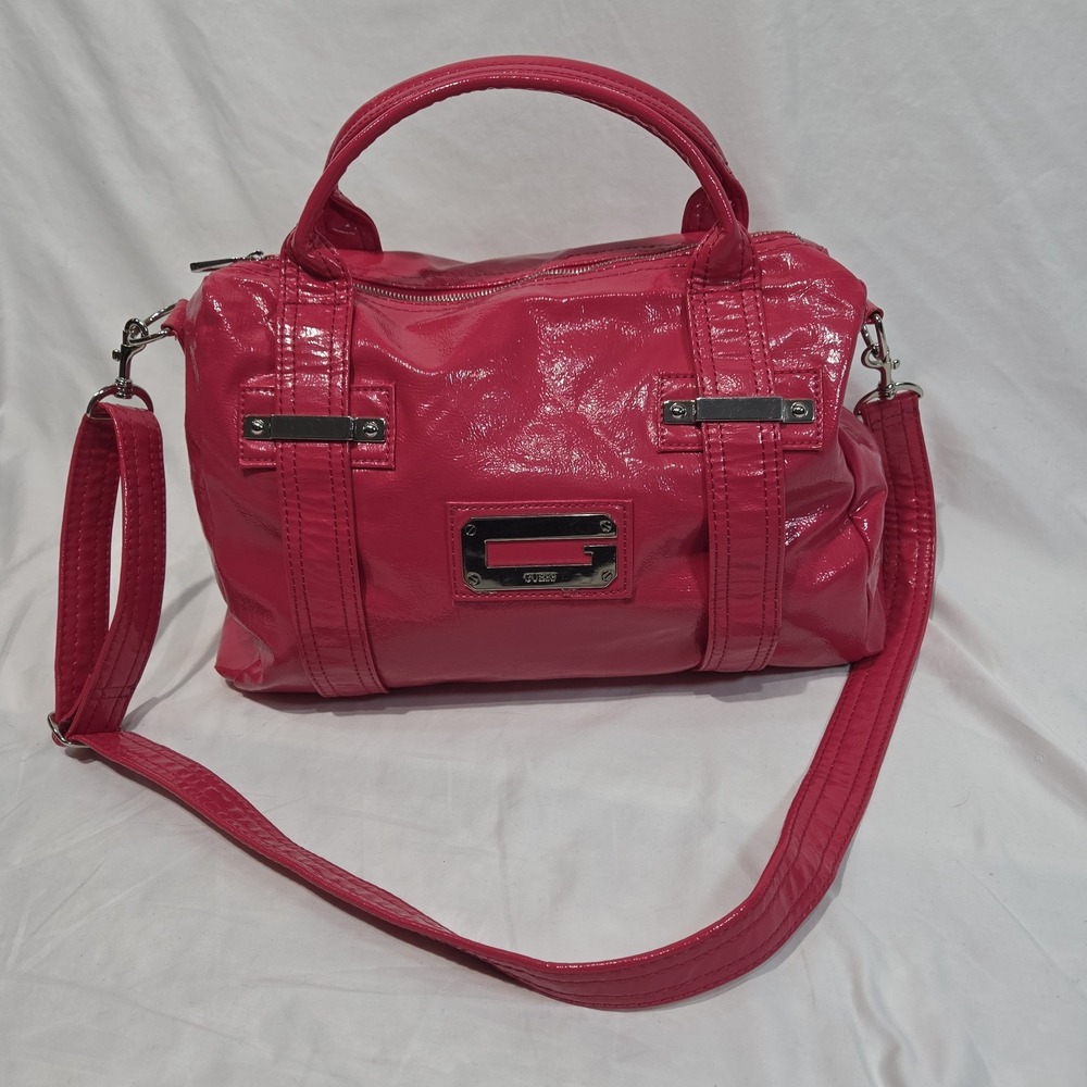 Y2K Guess Hot Pink Shoulder Purse Bag Patent Leather Logo Crossbody Zebra Inside